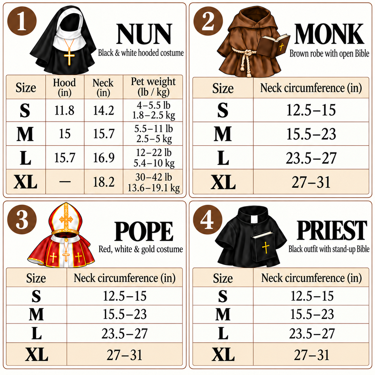 Size chart — pet costume measurements
